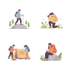 Naklejka premium Illustrations depicting various outdoor activities including hiking, photography, camping, and relaxing in nature.
