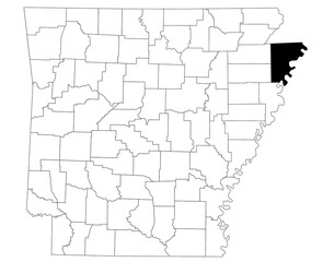 Map of Mississippi County in Arkansas state on white background. Single county map highlighted by black colour on Arkansas map. UNITED STATES, US