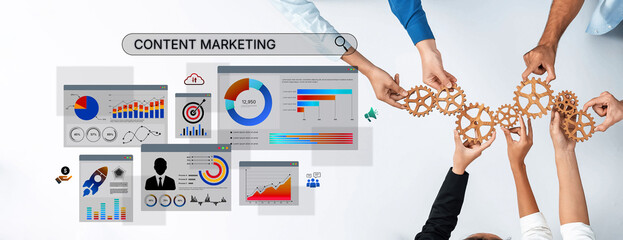 Engaging image depicting hands collaborating on content marketing strategies, showcasing data...