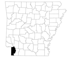 Map of Miller County in Arkansas state on white background. Single county map highlighted by black colour on Arkansas map. UNITED STATES, US