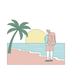 A minimalist illustration of a person with a backpack standing on a sandy beach, watching the sunset over the ocean with a palm tree nearby.
