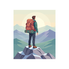 A lone hiker with a large backpack stands atop a snowy mountain peak, gazing at the vast mountain range and the rising sun in the distance.