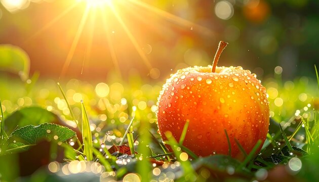 A red apple sits in dewy green grass bathed in golden sunlight, creating a warm, inviting scene