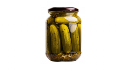 Crunchy pickles in a jar filled with brine and spices, created AI, PNG