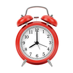 Classic red alarm clock set to eight o'clock sharp