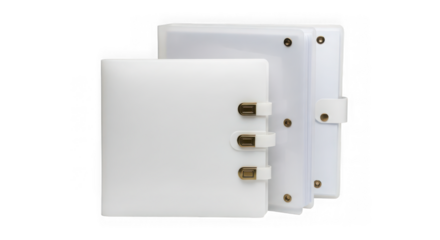 Two white binders or notebooks with gold clasps, isolated on transparent background