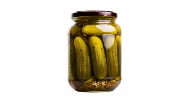 Crunchy pickles in a jar filled with brine and spices, created AI, PNG