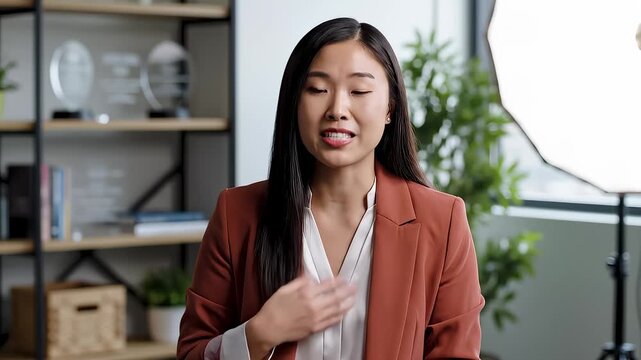 Enthusiastic Asian Woman Presents to Camera in Office Setting