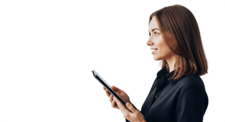 Smiling confident young Caucasian businesswoman or auditor writing on clipboard and signing contract document, professional female in formal attire isolated on white background, corporate success conc