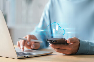 Cloud based file storage with advanced security , Man working with mobile phone showing cloud...