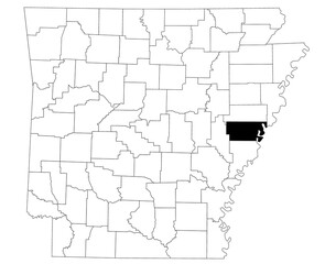 Map of Lee County in Arkansas state on white background. Single county map highlighted by black colour on Arkansas map. UNITED STATES, US