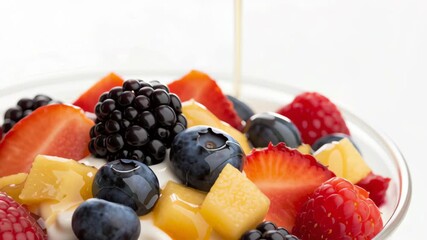 Allergy aware cooking. Delicious Yogurt Parfait with Fresh Berries Raspberry, Blackberry, Blueberry, Strawberry, and Peach Slices for Vibrant