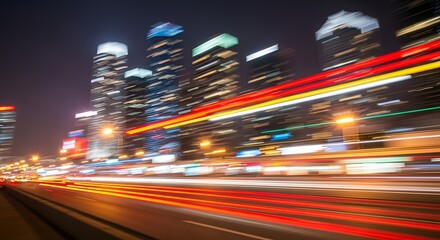 Abstract cityscape at night with motion blur and long exposure car light trails