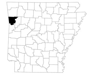 Map of Crawford County in Arkansas state on white background. Single county map highlighted by black colour on Arkansas map. UNITED STATES, US