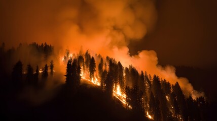 Massive forest wildfire burning trees on hillside at night, natural disaster, climate change, global warming, environmental destruction, and forest fire crisis