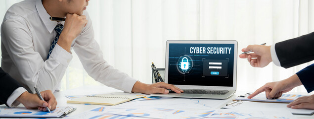 Cyber security system on computer screen protect private information brisk from hacker and cyber attack