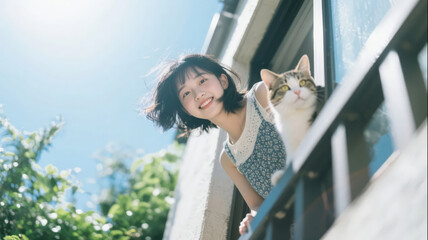 Summer Girl and Cat Leaning Out of Window Fresh Healing Life Background