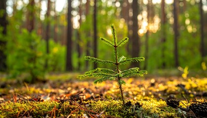 A small evergreen seedling in a forest, bathed in golden sunlight, with soft, out-of-focus trees in the background