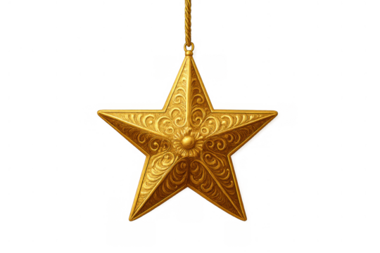 Ornate gold star hanging, luxury festive christmas decoration, holiday ornament, isolated on transparent background
