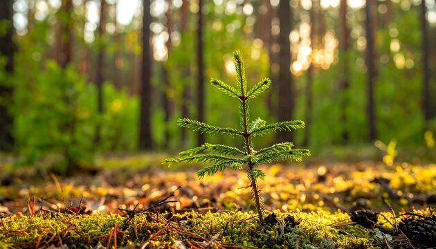 A small evergreen seedling in a forest, bathed in golden sunlight, with soft, out-of-focus trees in the background