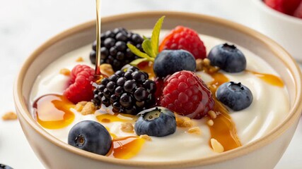 Allergy aware cooking. Creamy Yogurt Breakfast Fresh Berries, Honey, and Raspberries for Delightful and Healthy Start