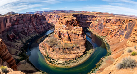 Horseshoe Bend panorama showcasing natural geological beauty under blue sky