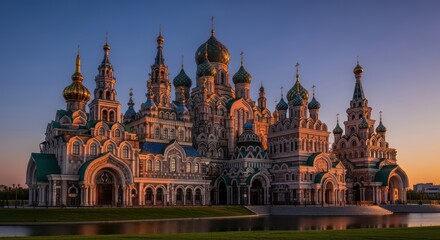 Stunning sunset view of colorful russian orthodox church with complex architecture