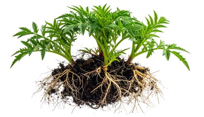 A small green plant with detailed roots and dark soil is isolated against a clean, white background