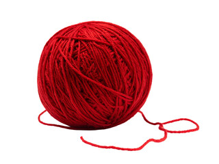 Red yarn ball on white background, perfect for knitting, crochet, crafts, or textile projects, showing texture and vibrant color in closeup.