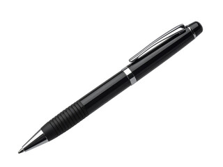 Black retractable ballpoint pen isolated on white background, featuring a silver clip and grip for comfortable everyday writing at school or office.