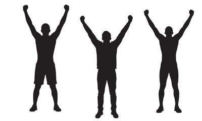 Fototapeta premium Three men celebrating with arms raised silhouette