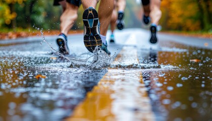 Low-angle view of runners’ legs splashing through puddles on a wet city road. Raindrops, reflections, and grit highlight perseverance and resilience in harsh conditions.