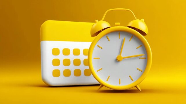 Yellow alarm clock and calendar against vibrant yellow background