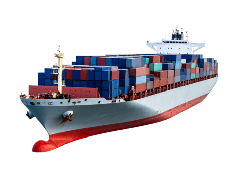 Large cargo ship full containers navigating open waters, transporting international freight and goods, essential for global trade, logistics, and maritime commerce.