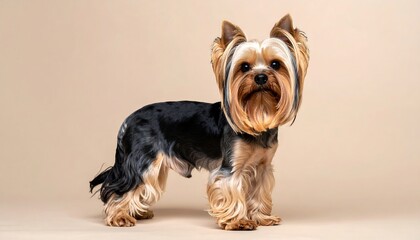 A small, long-haired dog with black and brown fur stands on a beige background, looking directly at the camera
