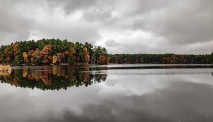 Still lake reflecting muted autumn trees and an overcast sky. Neutral beige, gray, and amber tones create a peaceful, painterly mood perfect for minimalist nature imagery.