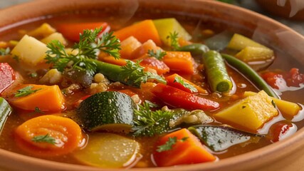 Allergy aware cooking. Vibrant Hearty Vegetable Soup Rustic Bowl with Carrots, Zucchini, Green Beans, Potatoes, and Parsley Garnished with Fresh Herbs