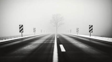 Empty road disappearing into fog with a tree in the distance  