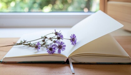 Soft minimalist composition featuring an open sketchbook with delicate dried wildflowers arranged across the pages. Natural light from a window, airy and peaceful atmosphere.