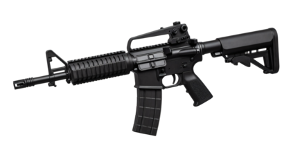 Modern tactical rifle with adjustable stock and iron sights, ready for action and defense