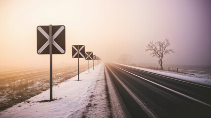 Railway crossing signs beside snowy road in foggy winter landscape  