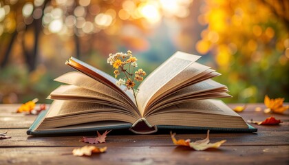 Open vintage book on wooden table with scattered dried leaves and tiny flowers. Warm golden light and rustic tones evoke a cozy fall aesthetic.