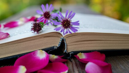 Close-up of faded rose petals and wildflowers resting on the pages of an old poetry book. Shallow depth of field, dreamy mood, artistic composition with blurred background.