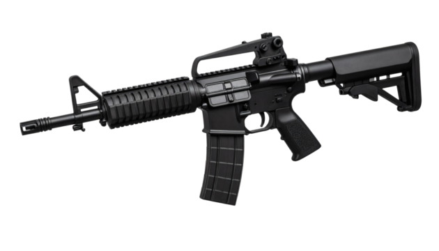 Modern tactical rifle with adjustable stock and iron sights, ready for action and defense