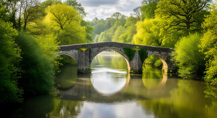 Ancient stone bridge spanning a serene river, lush foliage in idyllic setting