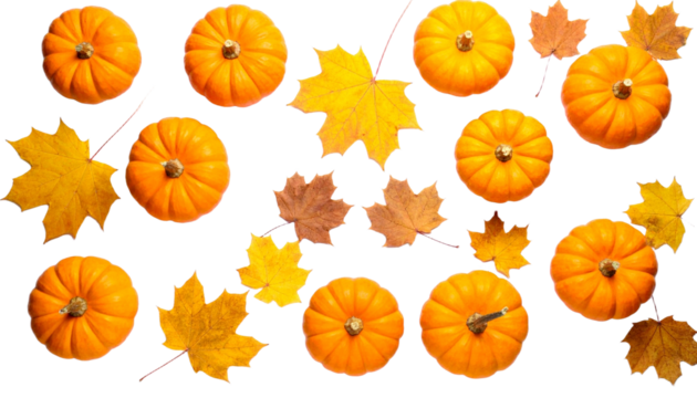 Orange Pumpkins and Maple Leaves Isolated on Transparent Background, Top View