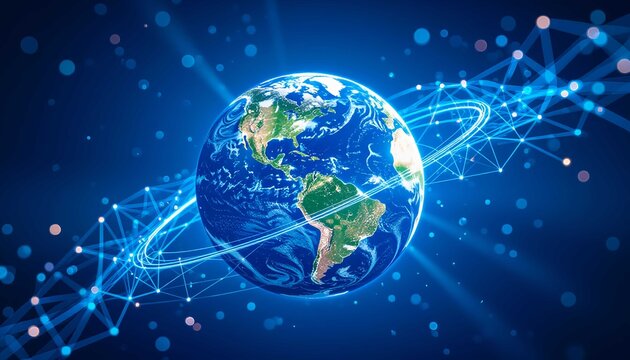 Abstract blue light wave surrounding the globe. Internet and telecommunication creating seamless modern infrastructure