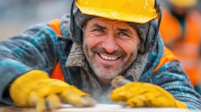 A smiling construction worker, clad in a hard hat and protective gear, pauses from woodworking to look at the camera. His work is focused on safety and craftsmanship.
