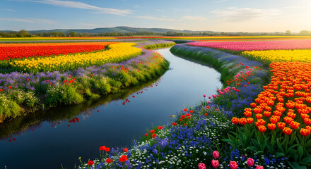 Scenic river flows through vibrant flower fields, creating a breathtaking vista