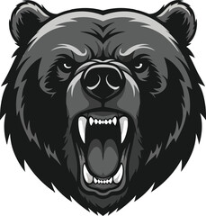 Fierce black bear head roaring aggressively with teeth showing animal power symbol isolated on transparent background